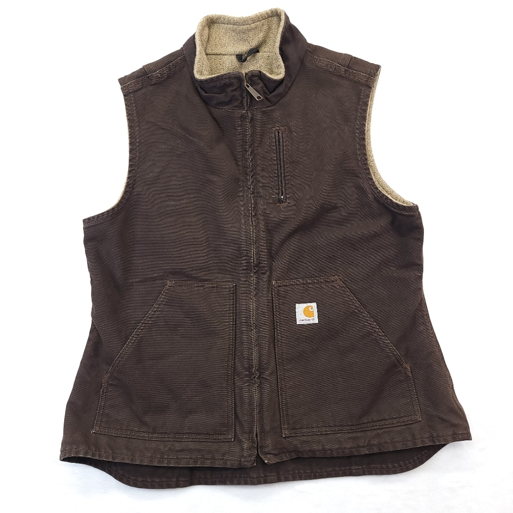 Carhartt Womens Brown Sherpa Lined Canvas Duck Vest WV001 DKB Workwear Size L